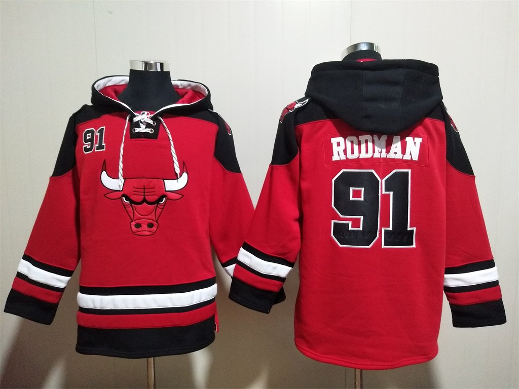 Men's Chicago Bulls #91 Dennis Rodman Red Lace-Up Pullover Hoodie
